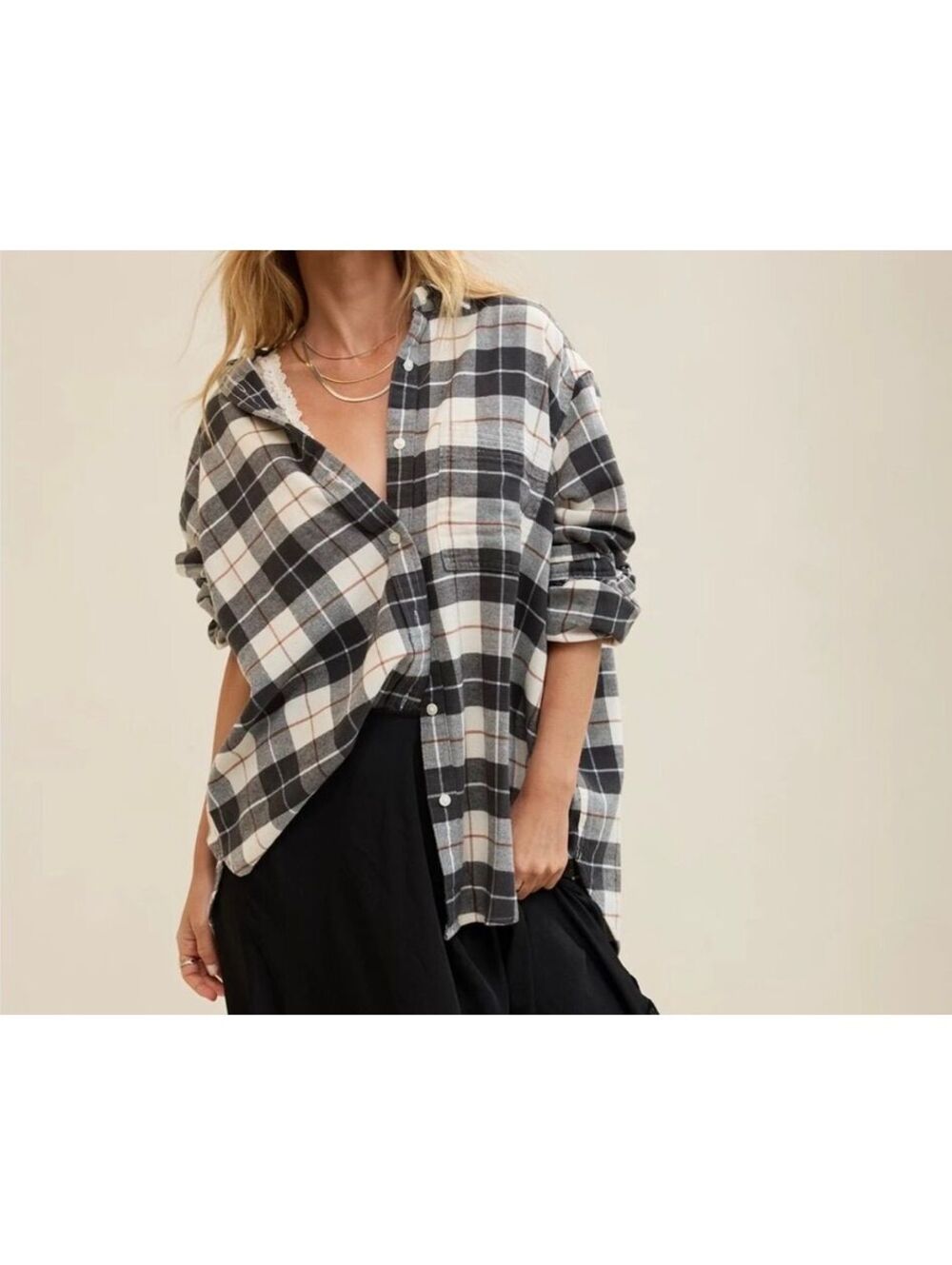Aerie Anytime Fave flannel shirt featuring a smoked gray plaid pattern Size s